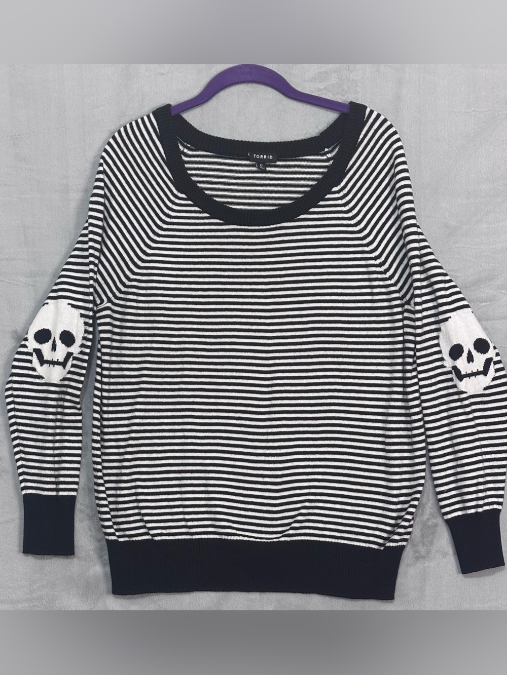 Torrid Skull Elbow Patch Striped Sweater Black White Sz 0 XL Alt Goth Spooky